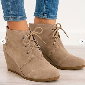 Toms Taupe Suede Lace-Up Wedge Booties